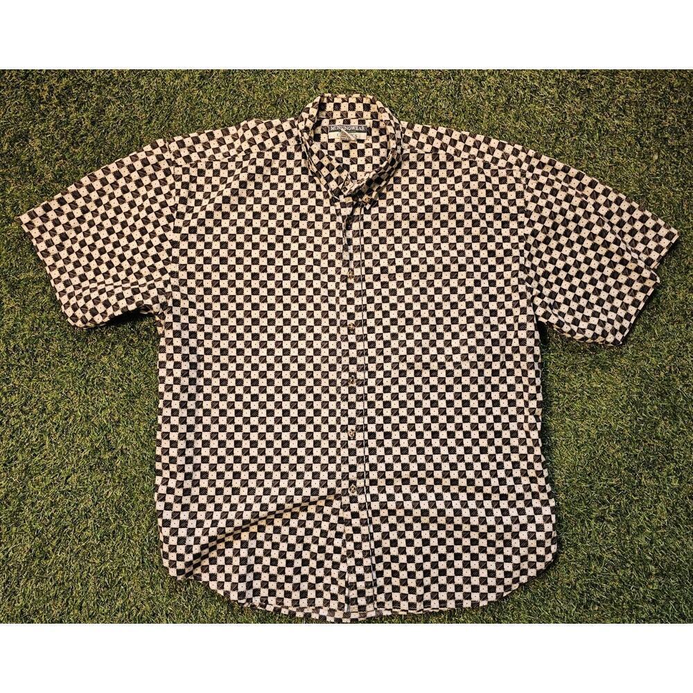 VTG Munsingwear Shirt Mens XL Brown Checkered Geometric Button All Over Print